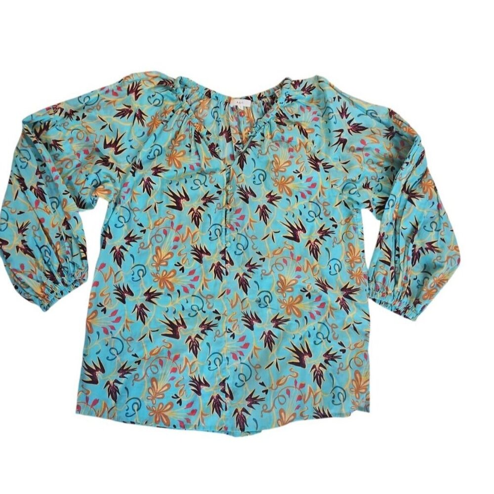 A.L.C. Women's Size Large B Top Blue Floral Print Boho Cotton Top Blouse Shirt - Picture 2 of 3